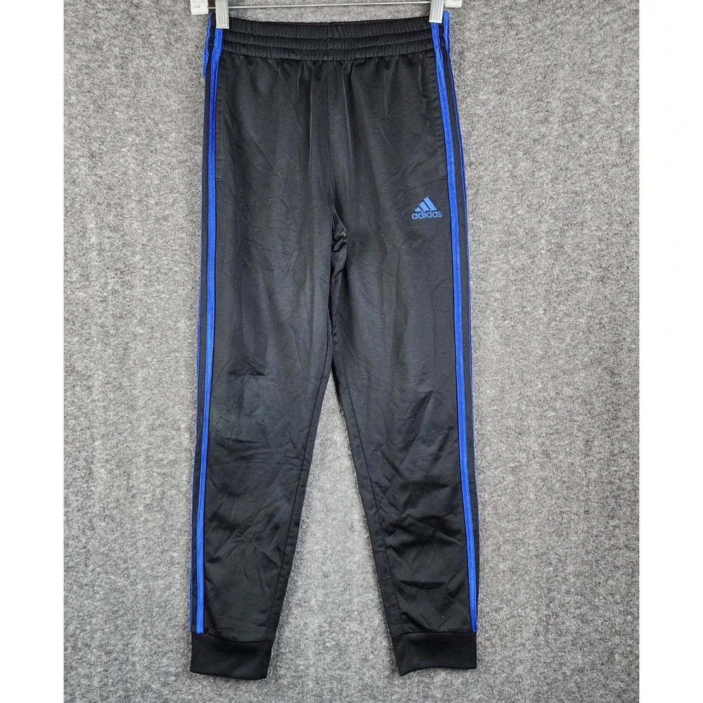 Adidas Joggers Youth Medium 10/12 Black Blue Striped Track Pants AK0162